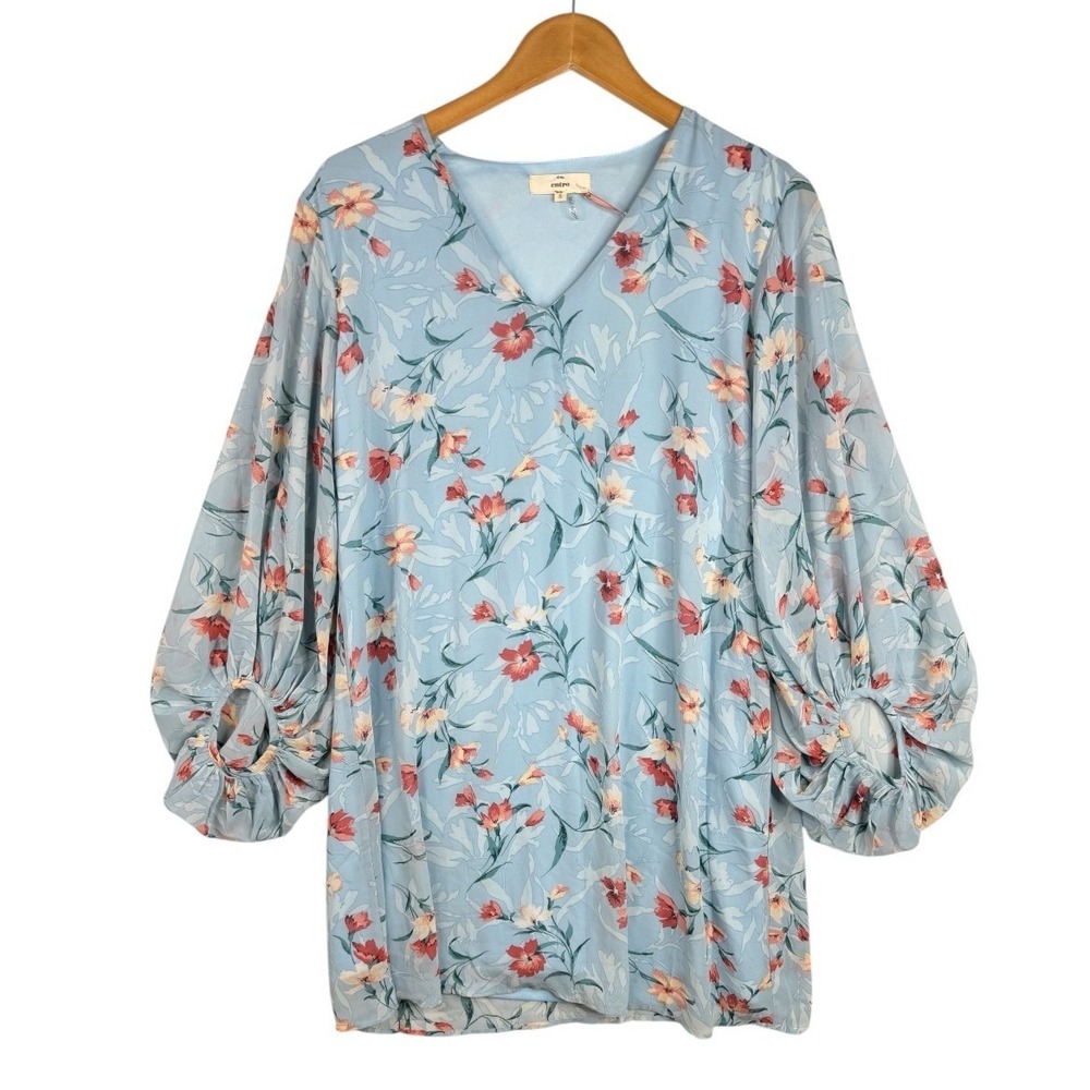NWT Entro Womens Floral Long Sleeve Shift Dress Size Small Blue V Neck